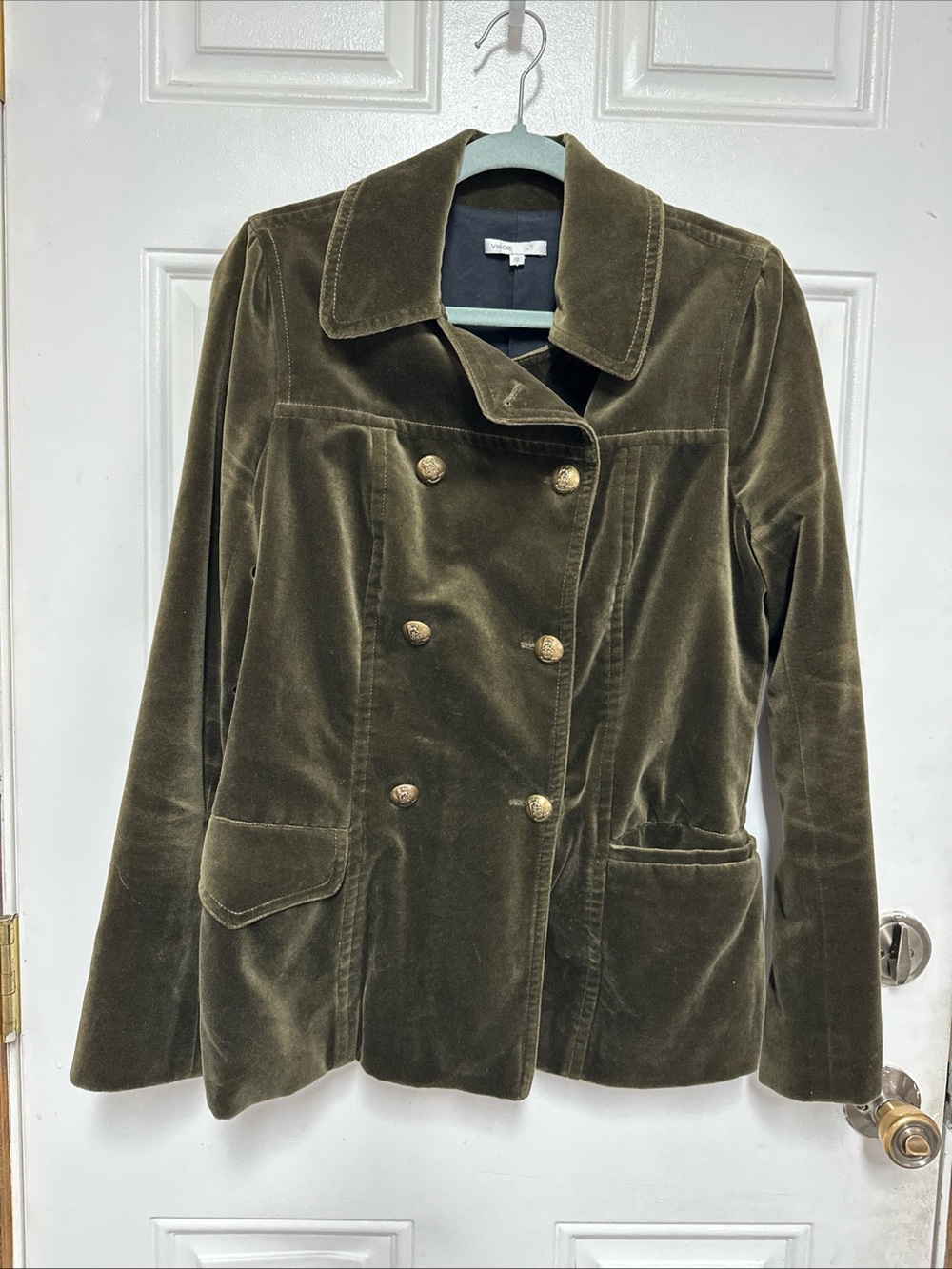 Vince moss green velvet double-breasted blazer embossed gold buttons Size 12